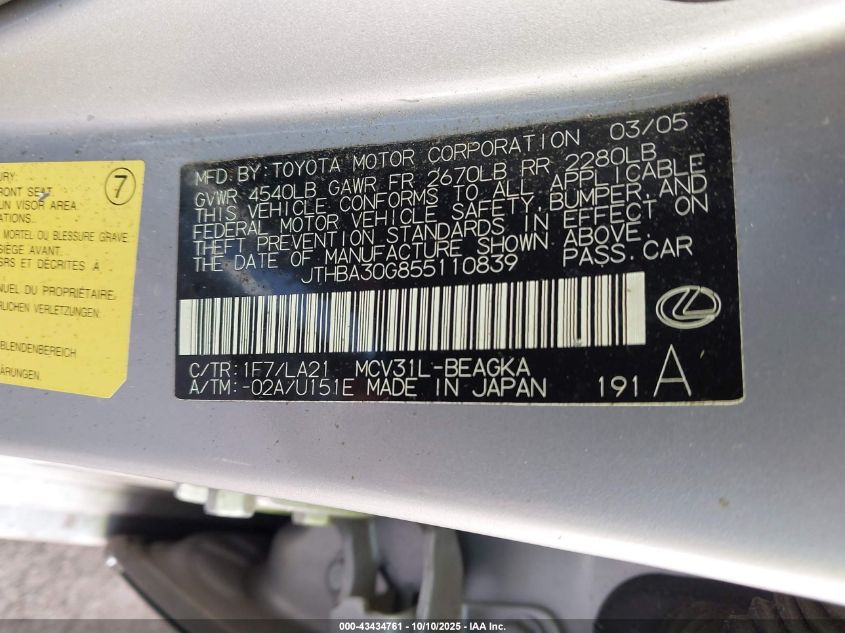 2005 Lexus Es 330 VIN: JTHBA30G855110839 Lot: 43434761