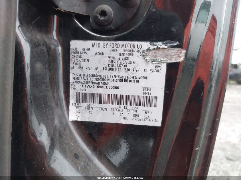 2008 Ford F-350 Fx4/Lariat/Xl/Xlt VIN: 1FTWX31598EE30366 Lot: 43434767