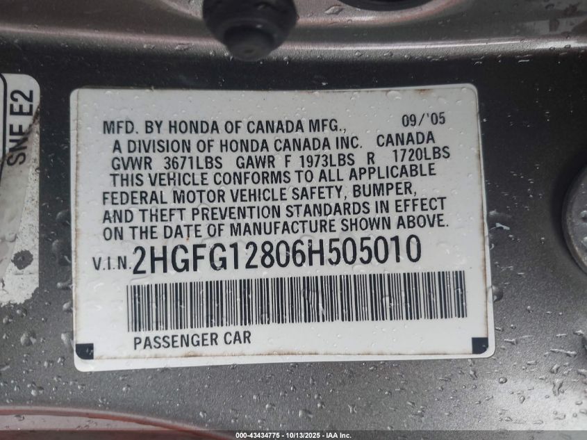 2006 Honda Civic Ex VIN: 2HGFG12806H505010 Lot: 43434775