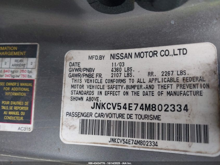 2004 Infiniti G35 VIN: JNKCV54E74M802334 Lot: 43434776