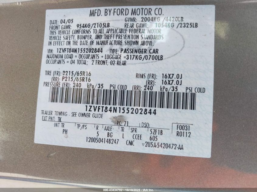2005 Ford Mustang VIN: 1ZVFT84N155202844 Lot: 43434782