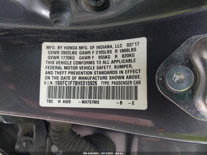 2017 Honda Civic Ex-L VIN: 19XFC1F78HE015926 Lot: 43434802