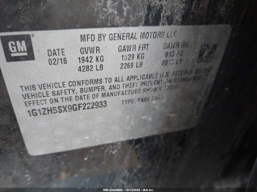 2016 Chevrolet Malibu Premier VIN: 1G1ZH5SX9GF222933 Lot: 43434805