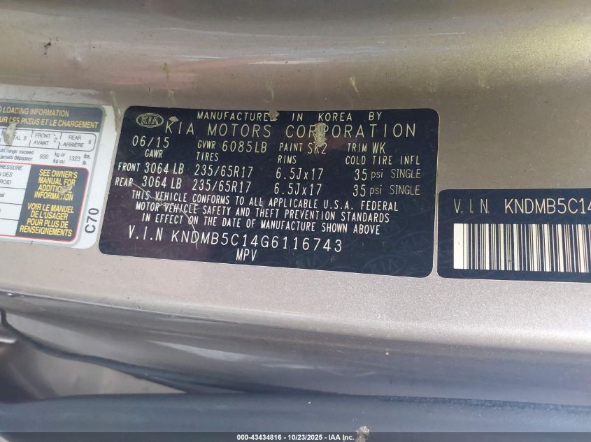 2016 Kia Sedona Lx VIN: KNDMB5C14G6116743 Lot: 43434816