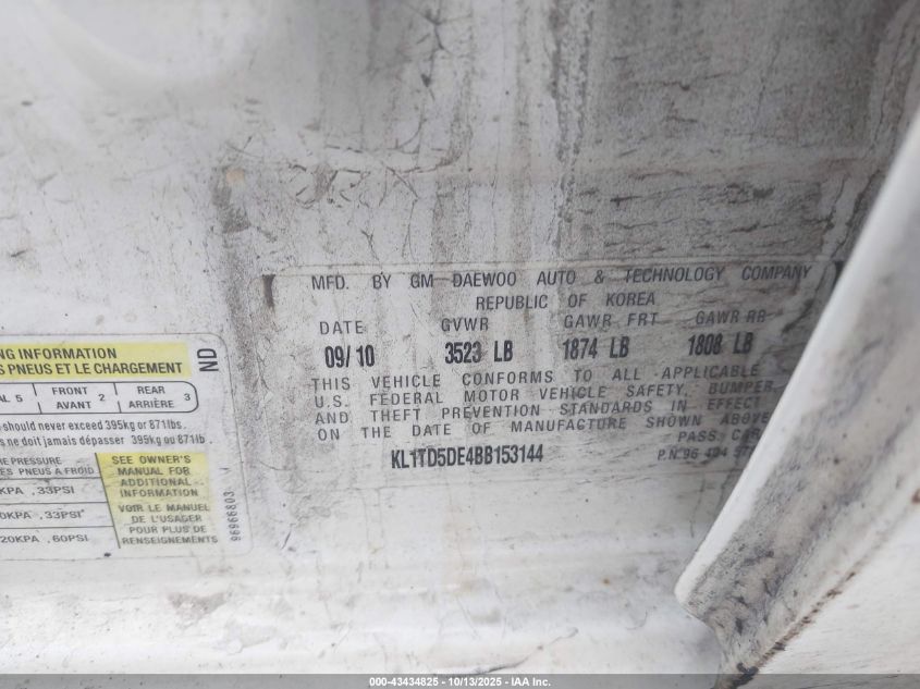 2011 Chevrolet Aveo 1Lt VIN: KL1TD5DE4BB153144 Lot: 43434825