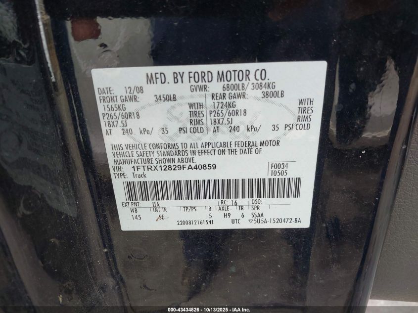 2009 Ford F-150 Stx/Xl/Xlt VIN: 1FTRX12829FA40859 Lot: 43434826