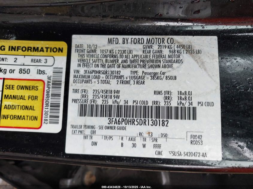 2013 Ford Fusion Se VIN: 3FA6P0HR5DR130182 Lot: 43434828