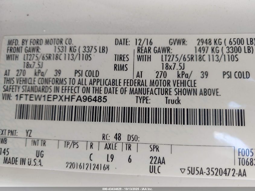 2017 Ford F-150 Xlt VIN: 1FTEW1EPXHFA96485 Lot: 43434829
