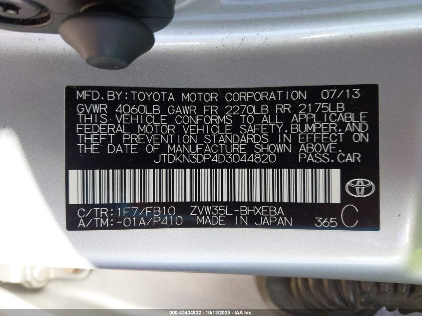 2013 Toyota Prius Plug-In VIN: JTDKN3DP4D3044820 Lot: 43434832