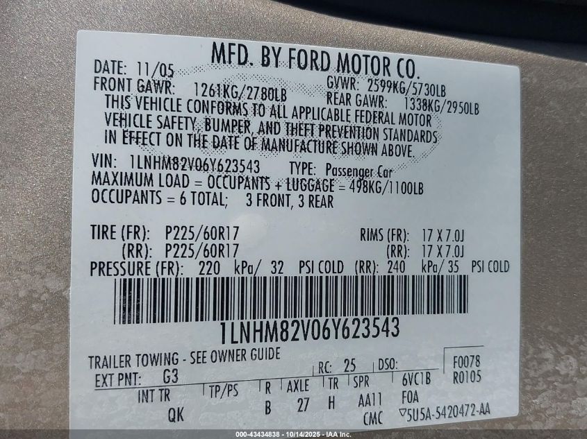 2006 Lincoln Town Car Signature Limited VIN: 1LNHM82V06Y623543 Lot: 43434838