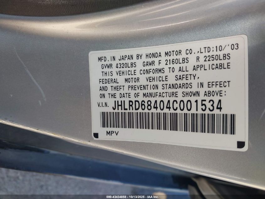 2004 Honda Cr-V Lx VIN: JHLRD68404C001534 Lot: 43434858