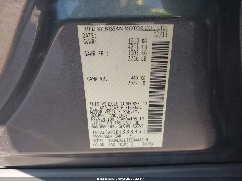 2014 Nissan Altima 2.5 Sl VIN: 1N4AL3AP3EN333351 Lot: 43434859