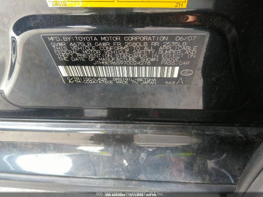 2007 Lexus Gs 350 VIN: JTHBE96S970024278 Lot: 43434864