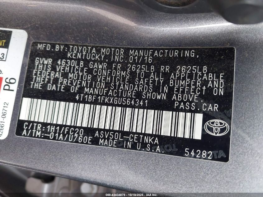 2016 Toyota Camry Le VIN: 4T1BF1FKXGU564341 Lot: 43434878