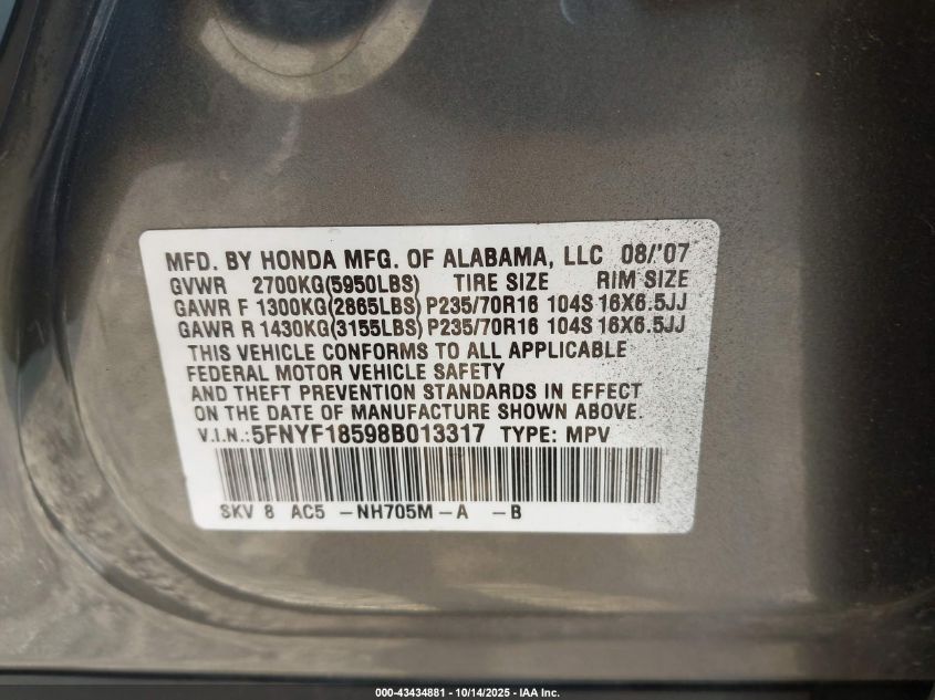 2008 Honda Pilot Ex-L VIN: 5FNYF18598B013317 Lot: 43434881