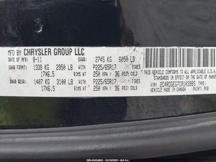 2012 Dodge Grand Caravan R/T VIN: 2C4RDGEG7CR103985 Lot: 43434883