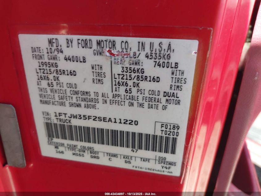 1995 Ford F350 VIN: 1FTJW35F2SEA11220 Lot: 43434897