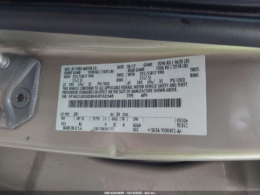 2017 Ford Escape Se VIN: 1FMCU0GD8HUF02345 Lot: 43434899