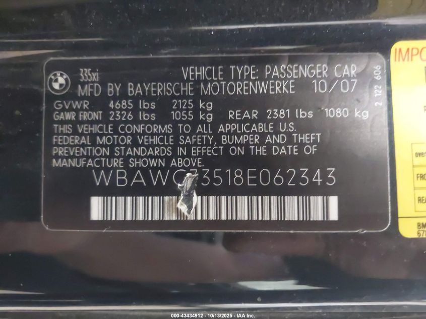 2008 BMW 335Xi VIN: WBAWC73518E062343 Lot: 43434912