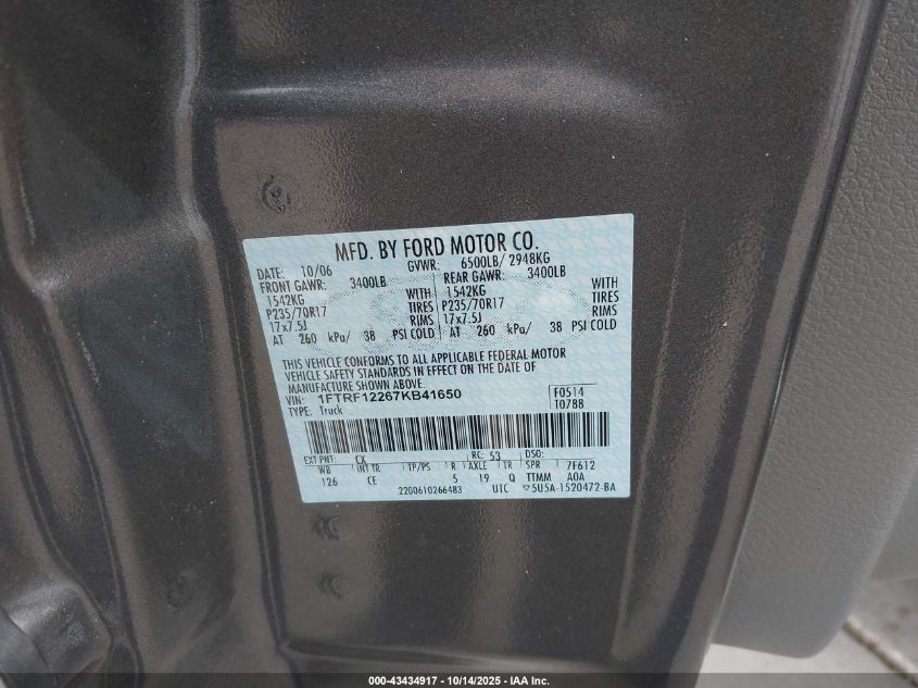 2007 Ford F150 VIN: 1FTRF12267KB41650 Lot: 43434917