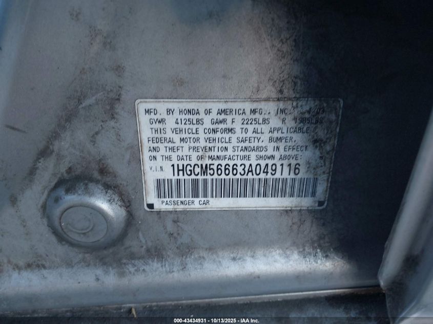 2003 Honda Accord 2.4 Ex VIN: 1HGCM56663A049116 Lot: 43434931