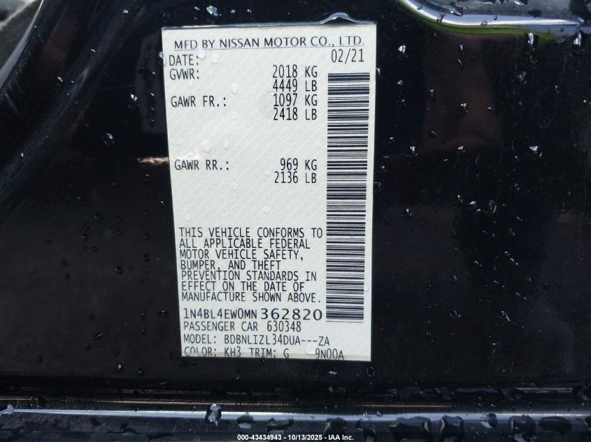 2021 Nissan Altima Sl Intelligent Awd VIN: 1N4BL4EW0MN362820 Lot: 43434943