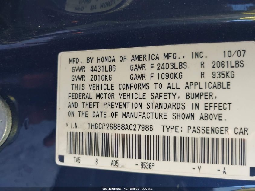 2008 Honda Accord 2.4 Ex-L VIN: 1HGCP26868A027986 Lot: 43434968
