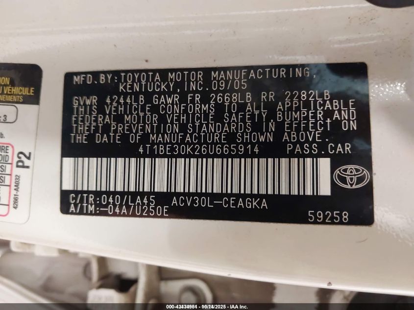 2006 Toyota Camry Xle VIN: 4T1BE30K26U665914 Lot: 43434981