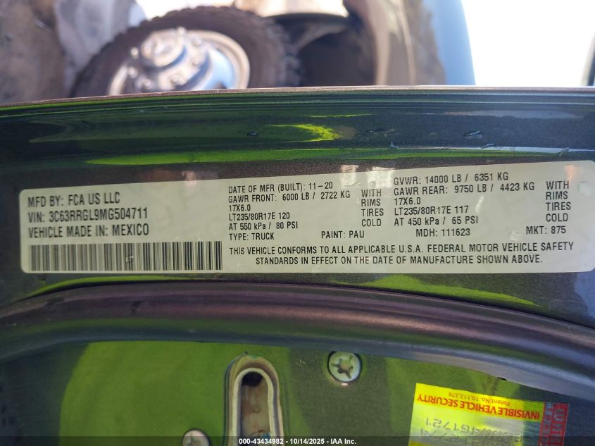 2021 Ram 3500 Tradesman 4X4 8' Box VIN: 3C63RRGL9MG504711 Lot: 43434982