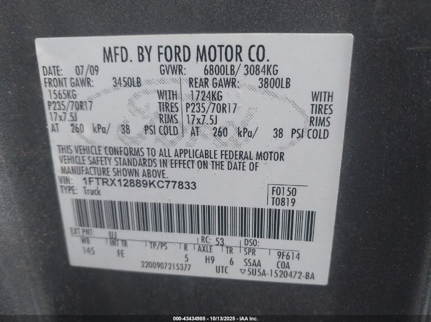 2009 Ford F-150 Stx/Xl/Xlt VIN: 1FTRX12889KC77833 Lot: 43434985