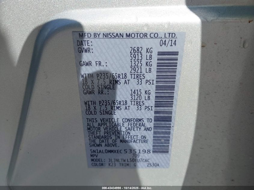 2014 Infiniti Qx60 VIN: 5N1AL0MMXEC535198 Lot: 43434998