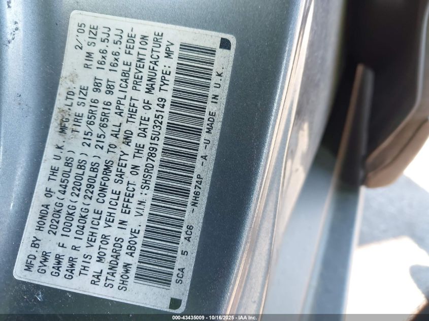 2005 Honda Cr-V Se VIN: SHSRD78915U325149 Lot: 43435009