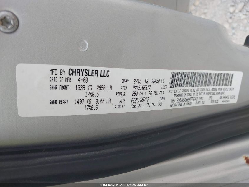 2008 Dodge Grand Caravan Sxt VIN: 2D8HN54XX8R770749 Lot: 43435011