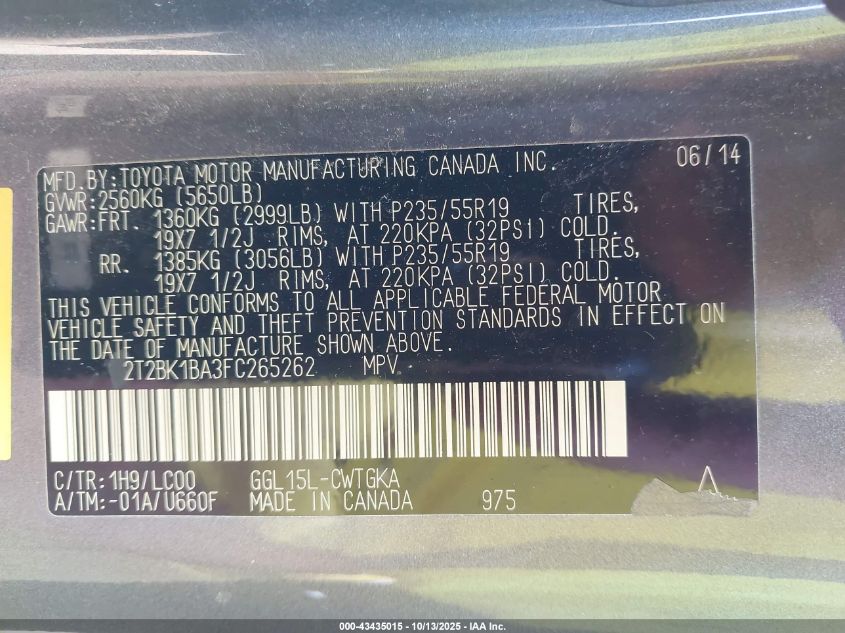 2015 Lexus Rx 350 VIN: 2T2BK1BA3FC265262 Lot: 43435015