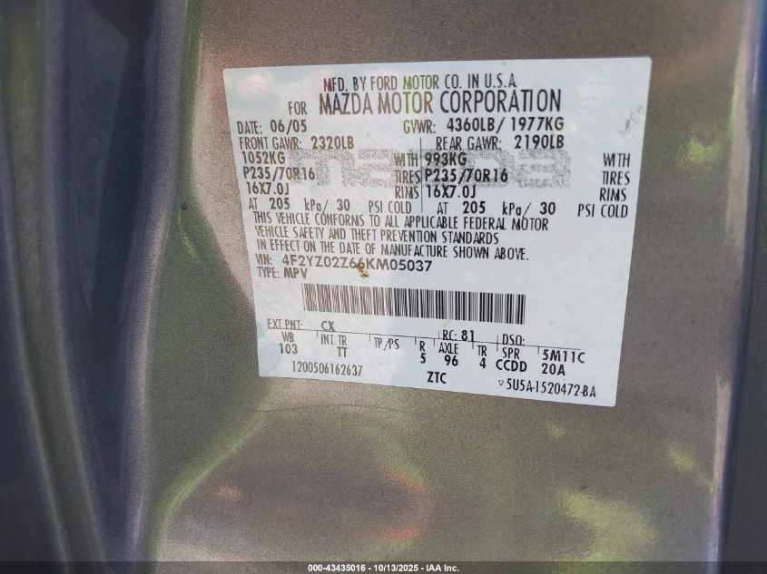 2006 Mazda Tribute I VIN: 4F2YZ02Z66KM05037 Lot: 43435016