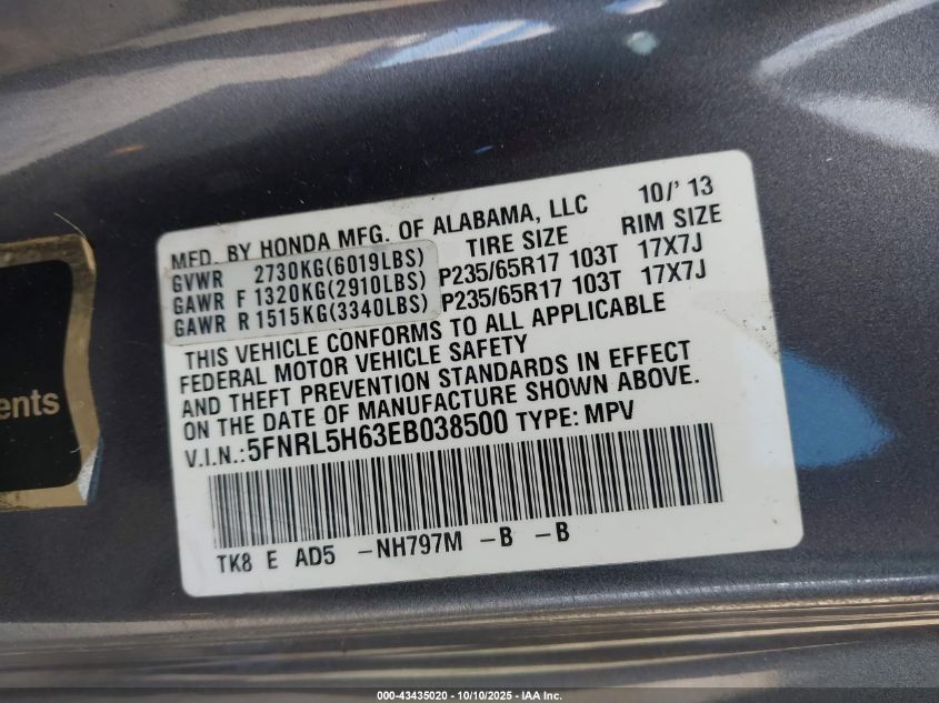 2014 Honda Odyssey Ex-L VIN: 5FNRL5H63EB038500 Lot: 43435020