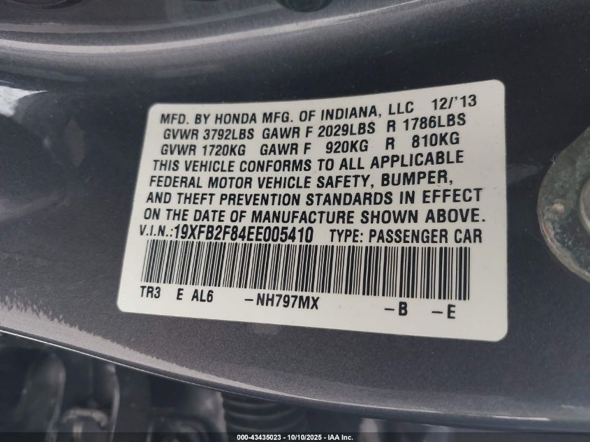 2014 Honda Civic Ex VIN: 19XFB2F84EE005410 Lot: 43435023