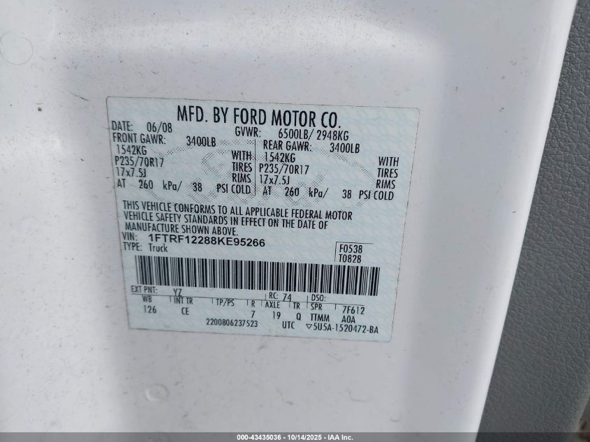 2008 Ford F-150 Stx/Xl/Xlt VIN: 1FTRF12288KE95266 Lot: 43435036