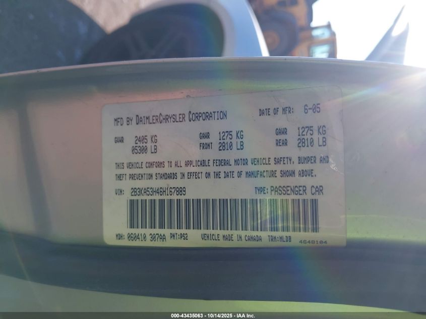 2006 Dodge Charger Rt VIN: 2B3KA53H46H167889 Lot: 43435063