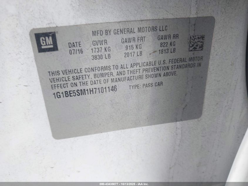2017 Chevrolet Cruze Lt Auto VIN: 1G1BE5SM1H7101146 Lot: 43435077