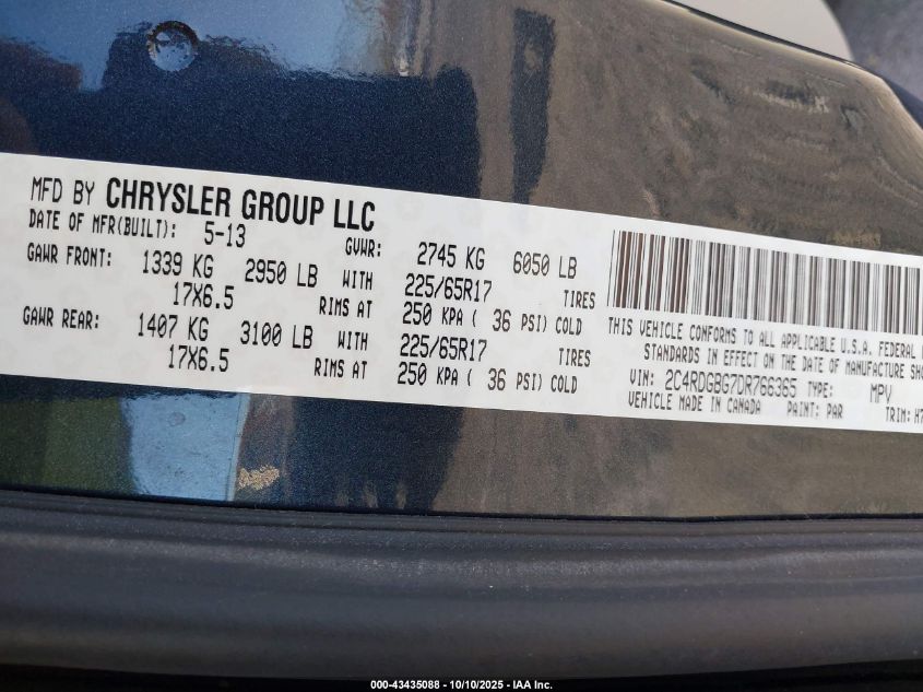 2013 Dodge Grand Caravan Se VIN: 2C4RDGBG7DR766365 Lot: 43435088