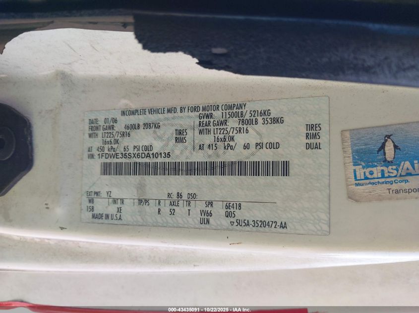 2006 Ford E-350 Cutaway VIN: 1FDWE35SX6DA10135 Lot: 43435091