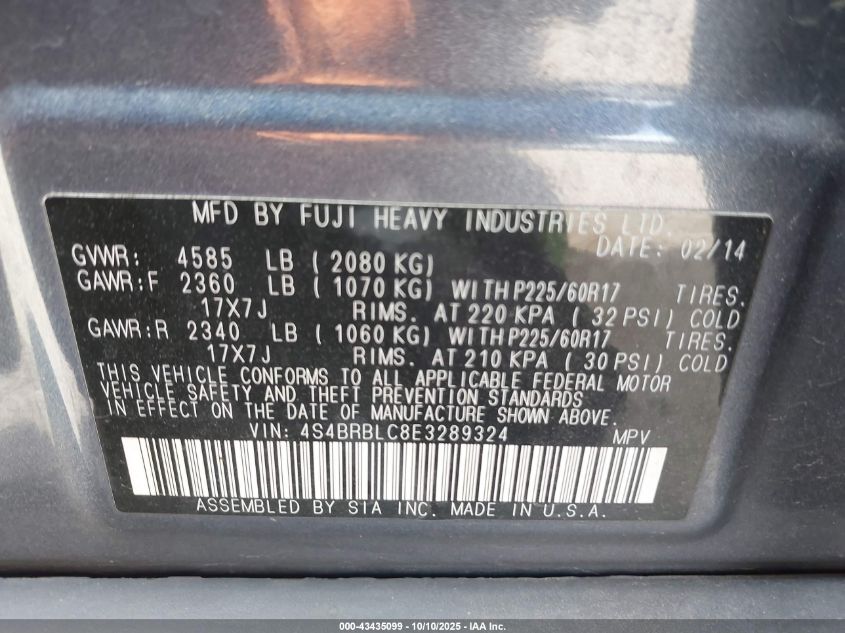 2014 Subaru Outback 2.5I Limited VIN: 4S4BRBLC8E3289324 Lot: 43435099