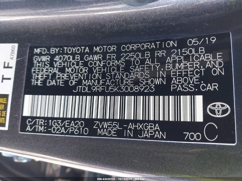 2019 Toyota Prius Xle VIN: JTDL9RFU5K3008923 Lot: 43435103