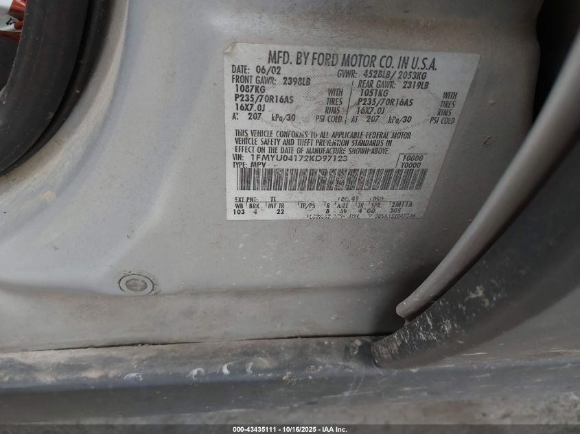 2002 Ford Escape Xlt VIN: 1FMYU04172KD97123 Lot: 43435111