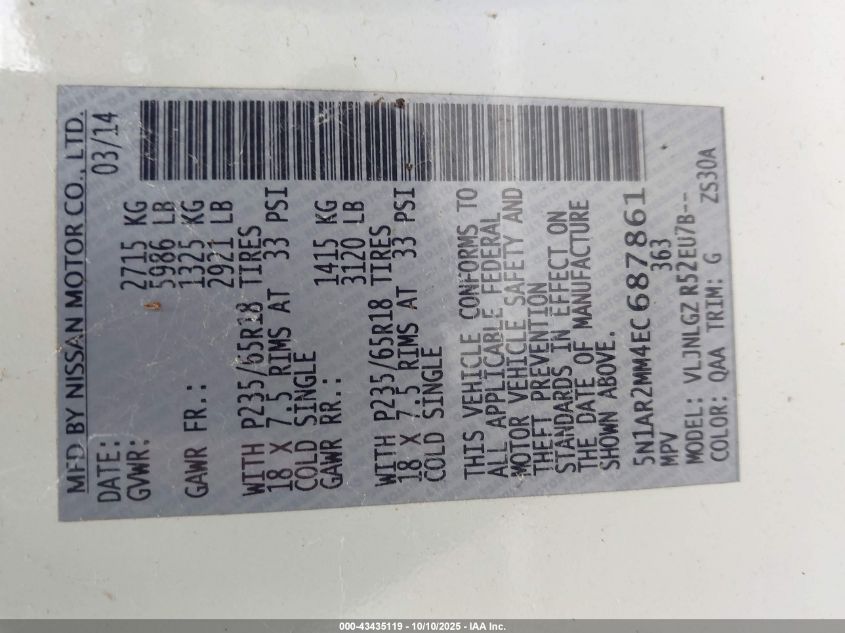 2014 Nissan Pathfinder Sl VIN: 5N1AR2MM4EC687861 Lot: 43435119