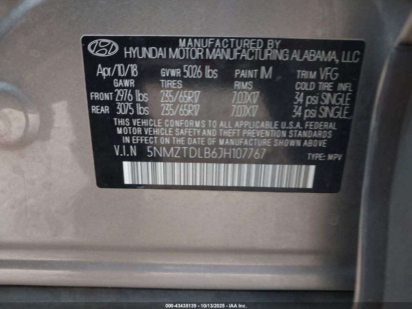 2018 Hyundai Santa Fe Sport 2.4L VIN: 5NMZTDLB6JH107767 Lot: 43435139