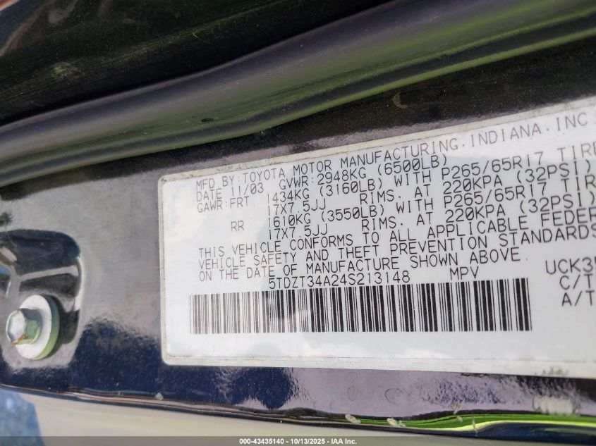 2004 Toyota Sequoia Sr5 V8 VIN: 5TDZT34A24S213148 Lot: 43435140