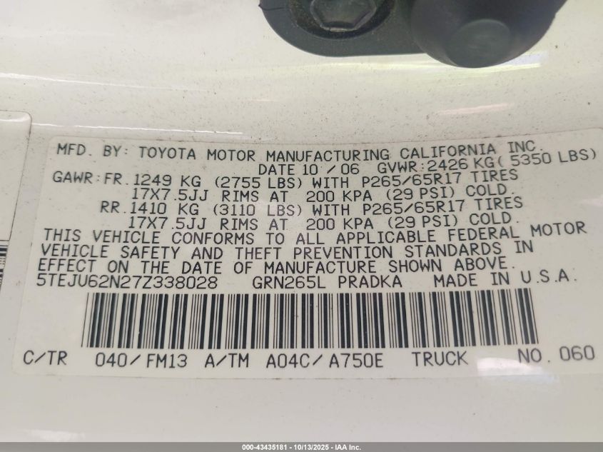 2007 Toyota Tacoma Prerunner V6 VIN: 5TEJU62N27Z338028 Lot: 43435181