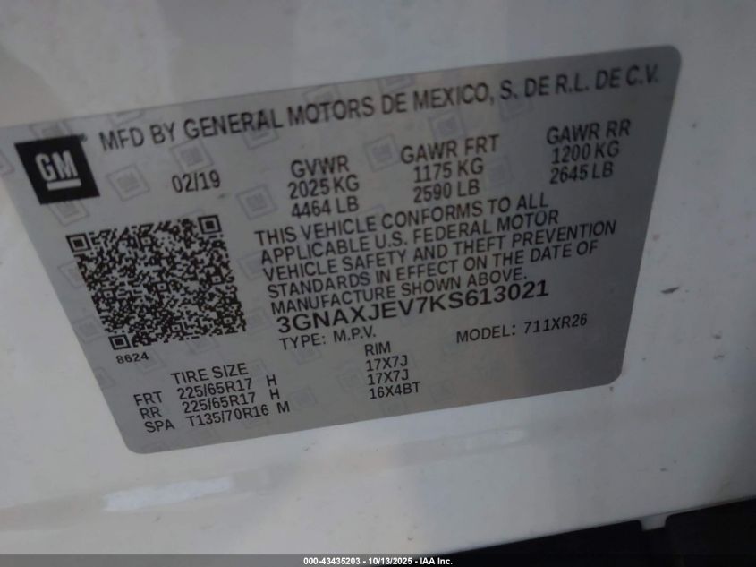 2019 Chevrolet Equinox Lt VIN: 3GNAXJEV7KS613021 Lot: 43435203